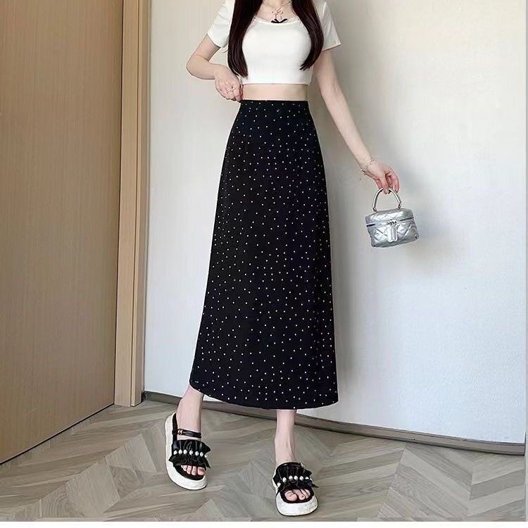 半身裙女夏季后开叉带口袋复古波点高腰百搭显瘦中长款包臀黑色
