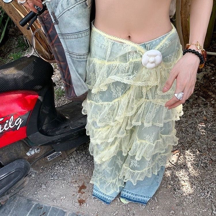 性感辣妹黄色轻薄网纱叠穿半身裙女夏季新款不规则高腰修身蛋糕裙