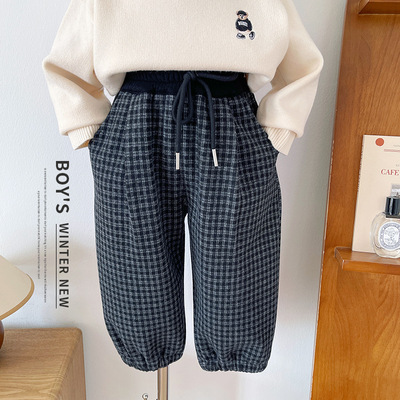 咪尔蒙冬季新款儿童格子裤男童百搭加绒加厚休闲裤小童运动长裤
