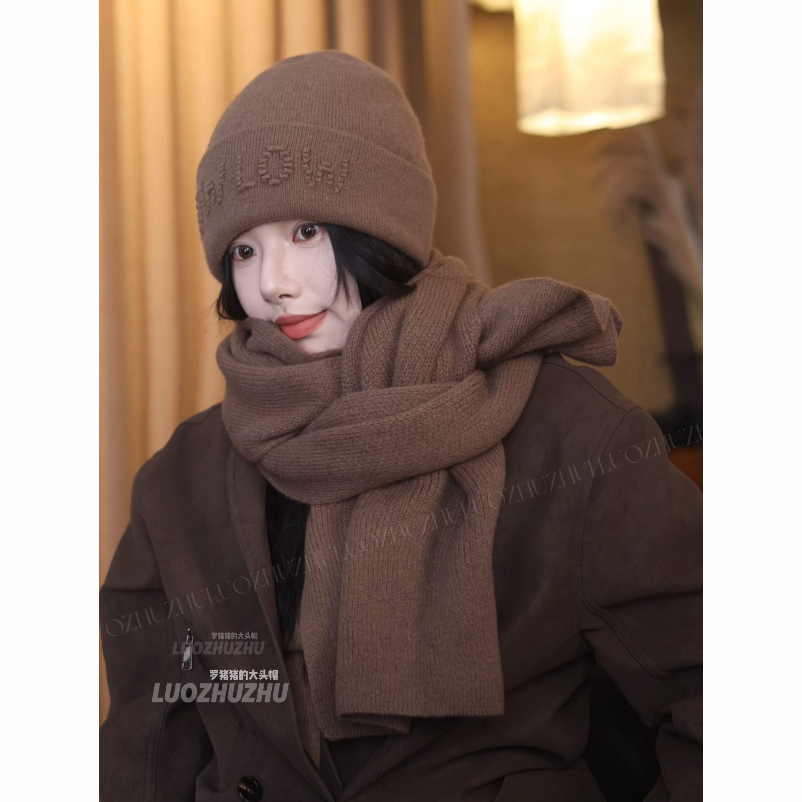 罗猪猪【BL刺绣】围巾帽子套装 100%羊毛针织帽女秋冬氛围套装
