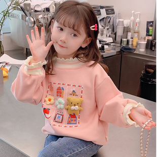 女童加绒卫衣秋冬洋气儿童木耳边高领上衣小女孩一体绒加厚打底衫
