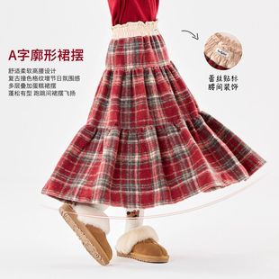 女童加厚裙子秋冬儿童过年红色新年战袍冬装大童加绒半身裙拜年服