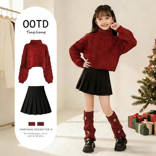 女童丝绒短裙儿童本命年秋冬高领毛衣套装新年红色过年大童拜年服