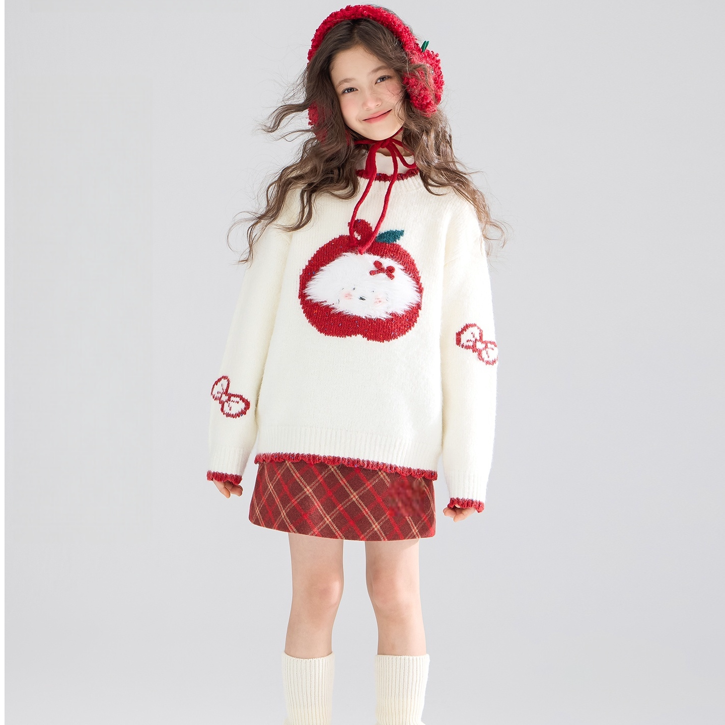 女童超好看韩系套装儿童洋气毛衣女大童新年服红色格子短裙子拜年