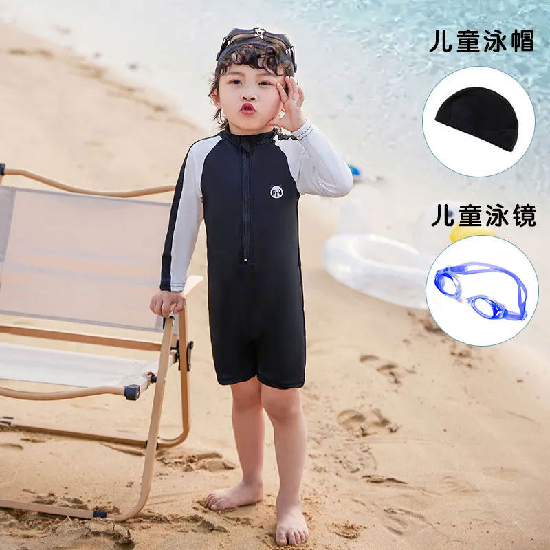 儿童泳衣夏季防晒长袖男童速干连体游泳衣中小童宝宝泳装韩国帅气