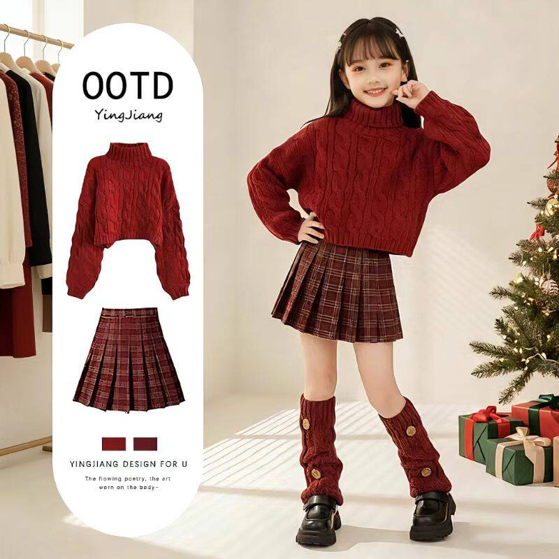 女童过年新年连衣裙套装2026超火冬季一整套大童毛衣百褶裙两件套