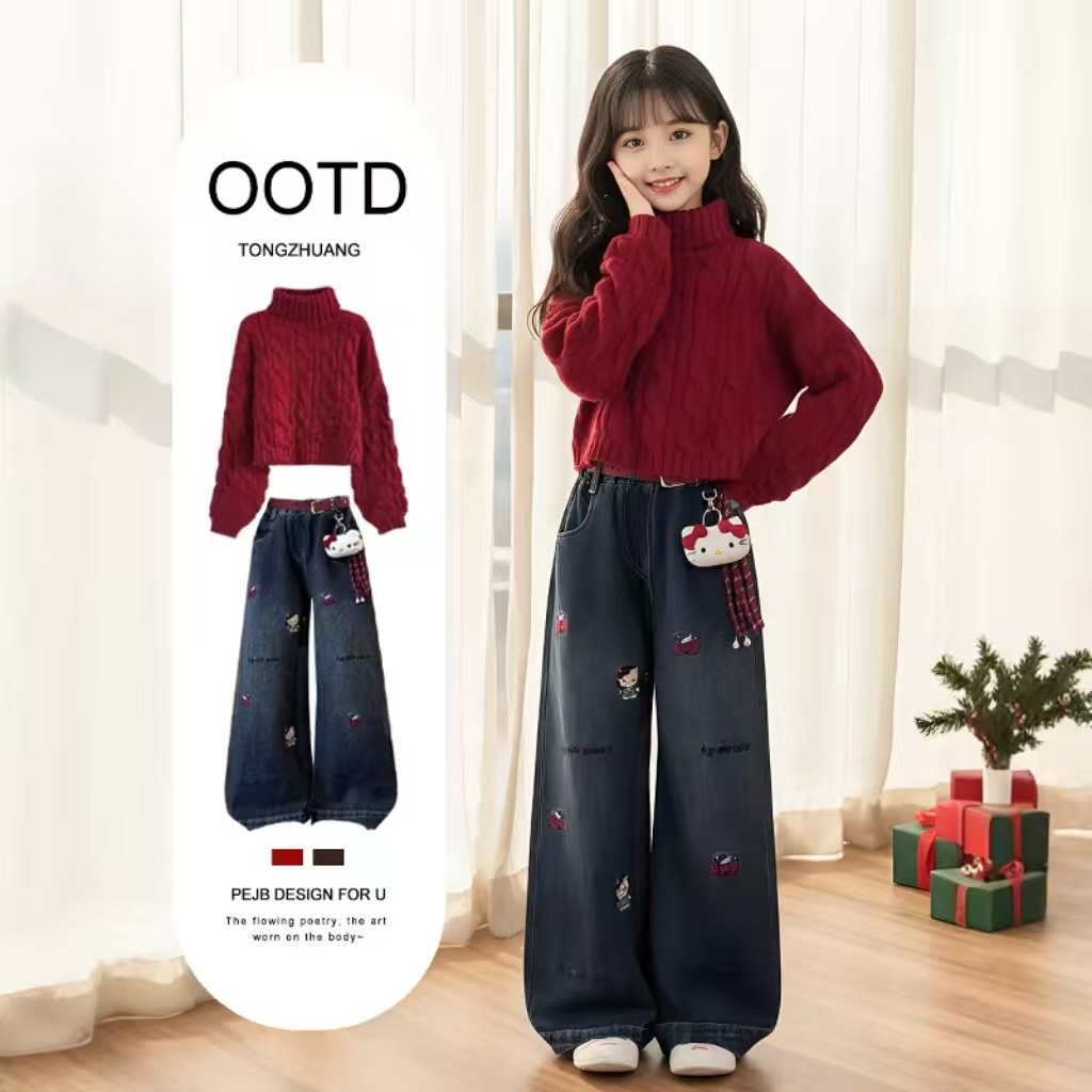 可爱风女童冬季套装两件套12岁红色针织毛衣加绒阔腿裤刺绣拜年服,童装/婴儿装/亲子装,套装,淘宝优惠券,粉丝福利购,淘宝优惠卷