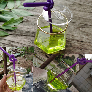 网红金边钻石杯多棱6六角玻璃带盖亚克力水杯盖可插吸管制做店名