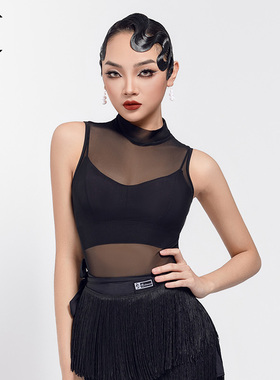 HCDANCE拉丁舞服新款小立领性感网纱无袖练功服连体上衣DS1036