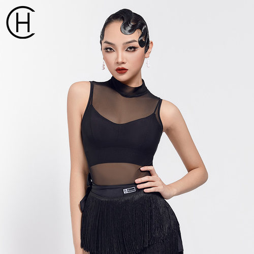 拉丁舞服立领性感网纱无袖练功服