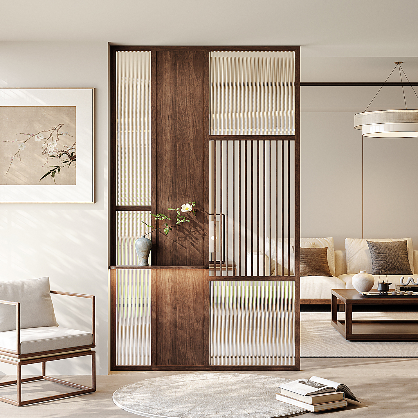 入户隔断置物架一体新中式实木格栅家用客厅大厅玄关进门玻璃屏风