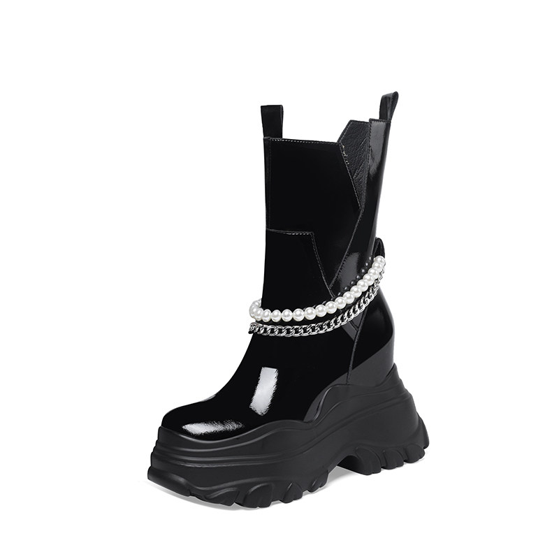12CM INNER HEIGHTENED BOOTS WOMENS NEW SINGLE BOOTS PLATFORM SOLED CASUAL BRITISH STYLE CHELSEA MUFFIN HIGH HEELED CHIMNEY BOOTS