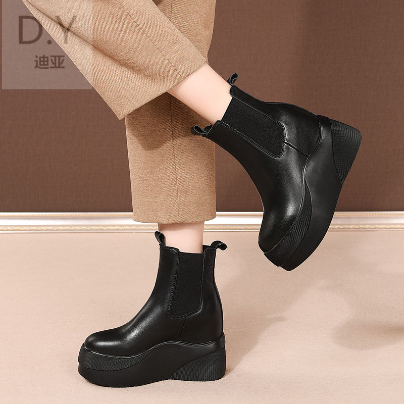 BEIGE LEATHER CASUAL INNER HEIGHTENED MARTIN BOOTS FLATFORM PLATFORM WOMENS BOOTS CIGARETTE TUBE CHELSEA BOOTS