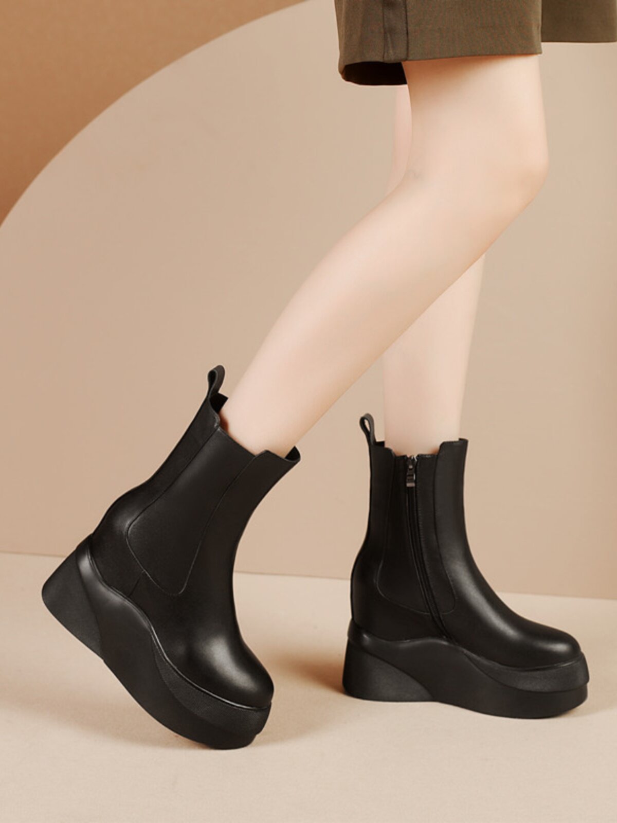 9CM FLATFORM THICK-SOLE INNER HEIGHTENED MARTIN BOOTS FEMALE GENUINE LEATHER SINGLE BOOTS CASUAL SHORT CHELSEA BOOTIES CHIMNEY BOOTS