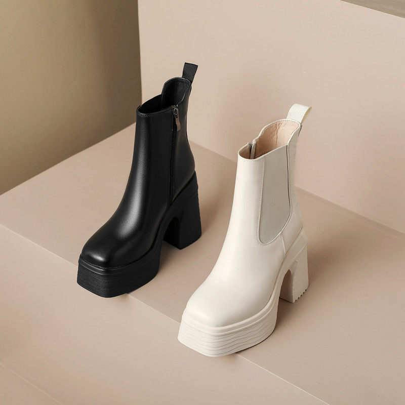 11CM HIGH HEEL CHELSEA BOOTS WOMENS AUTUMN AND WINTER SQUARE TOE THICK SOLE LEATHER SHORT TUBE SKINNY PIPE BOOTS BLOCK HEEL MARTIN BOOTS