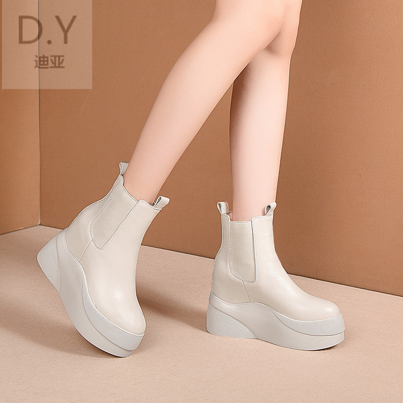 BEIGE LEATHER CASUAL INNER HEIGHTENED MARTIN BOOTS FLATFORM PLATFORM WOMENS BOOTS CIGARETTE TUBE CHELSEA BOOTS