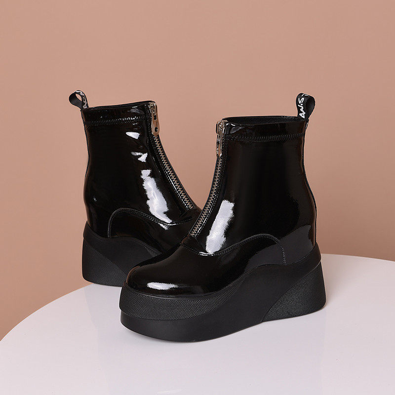 PATENT LEATHER NICHE DESIGN HIGH HEEL PLATFORM SOLE INNER BOOST BOOTIE FRONT ZIPPER SKINNY BOOTS CHELSEA BOOTS WOMENS INVERTED BOOTS TIDE