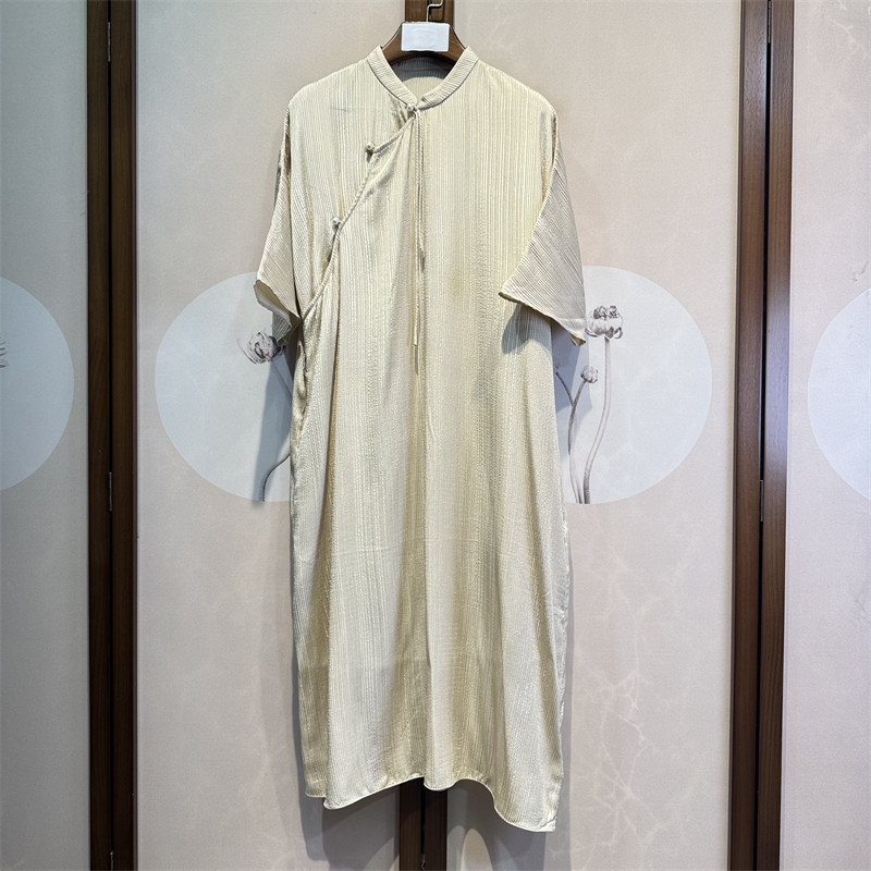中式真丝树纹绉立领落肩七分袖桑蚕丝时尚气质直筒连衣裙女6-5-5