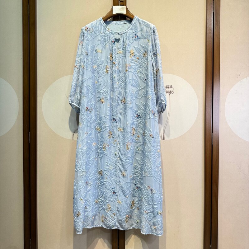 真丝烂花工艺时尚气质V领九分袖百搭亲肤双层系带连衣裙