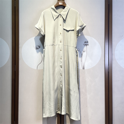 真丝连衣裙重磅双绉衬衫领落肩短袖简约桑蚕丝系带中长裙4-3-6