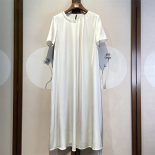 真丝双乔纯色桑蚕丝圆领短袖通勤百搭气质系带连衣裙女8-5-