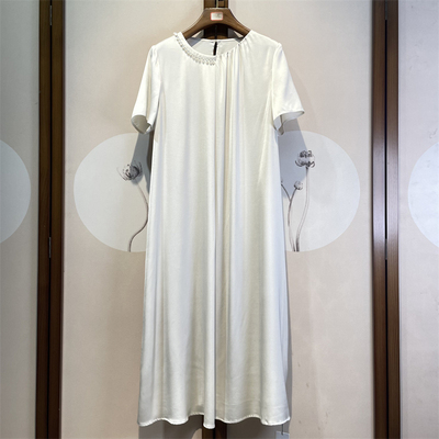 真丝双乔纯色桑蚕丝圆领短袖通勤百搭气质系带连衣裙女8-5-