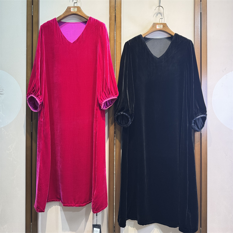 新款真丝丝绒轻奢简约V领长袖时尚气质通勤休闲百搭连衣裙8-4-10