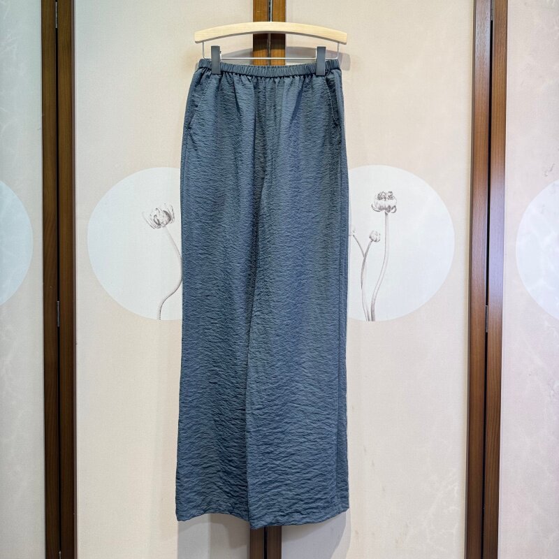 真丝干丝纯色全松紧腰百搭桑蚕丝休闲舒适直筒阔腿长裤女18-3-2