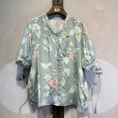 真丝双绉清新印花V领短袖通勤休闲百搭舒适桑蚕丝套头上衣26-4-1