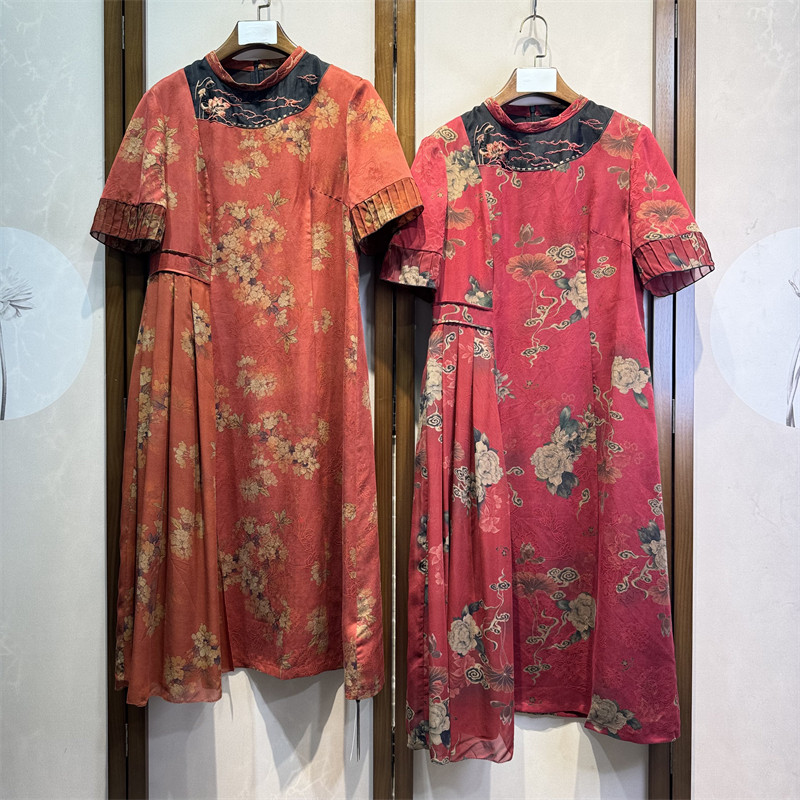 真丝香云纱拼乔琪刺绣花萝百搭时尚气质休闲桑蚕丝连衣裙7-2-3