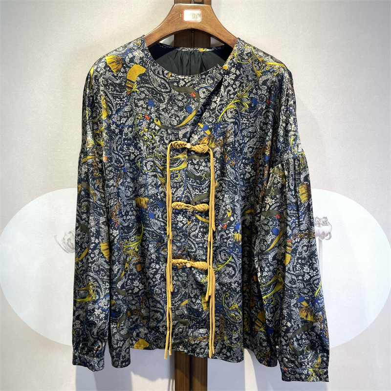 中式真丝弹力缎手工盘扣圆领落肩长袖百搭衬衫桑蚕丝上衣27-3-1