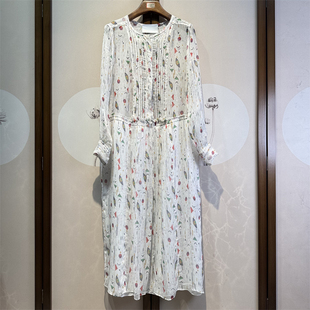 真丝乔琪通勤圆领长袖腰部抽绳连衣裙桑蚕丝腰线双层A字裙6-4-7