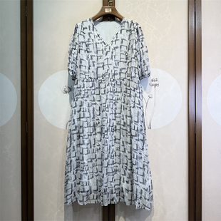 真丝乔琪时尚印花V领短袖桑蚕丝套头百搭休闲双层连衣裙