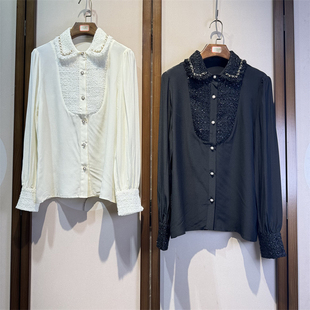 真丝双绉纯色百搭娃娃领长袖全开襟衬衫桑蚕丝通勤上衣女25-1-2