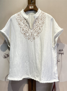 亚麻莱赛尔混纺刺绣V领无袖百搭时尚气质宽松套头上衣女23-4-4