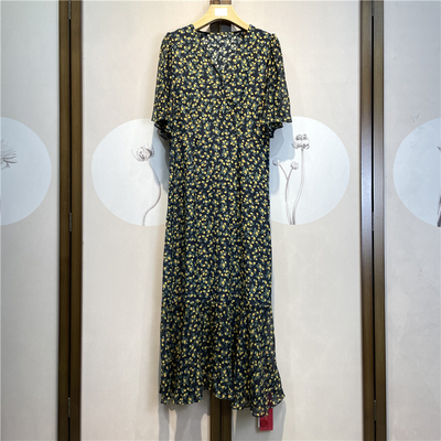 夏新款！杭州高端真丝连衣裙双绉小碎花V领修身桑蚕丝长裙4-4-4