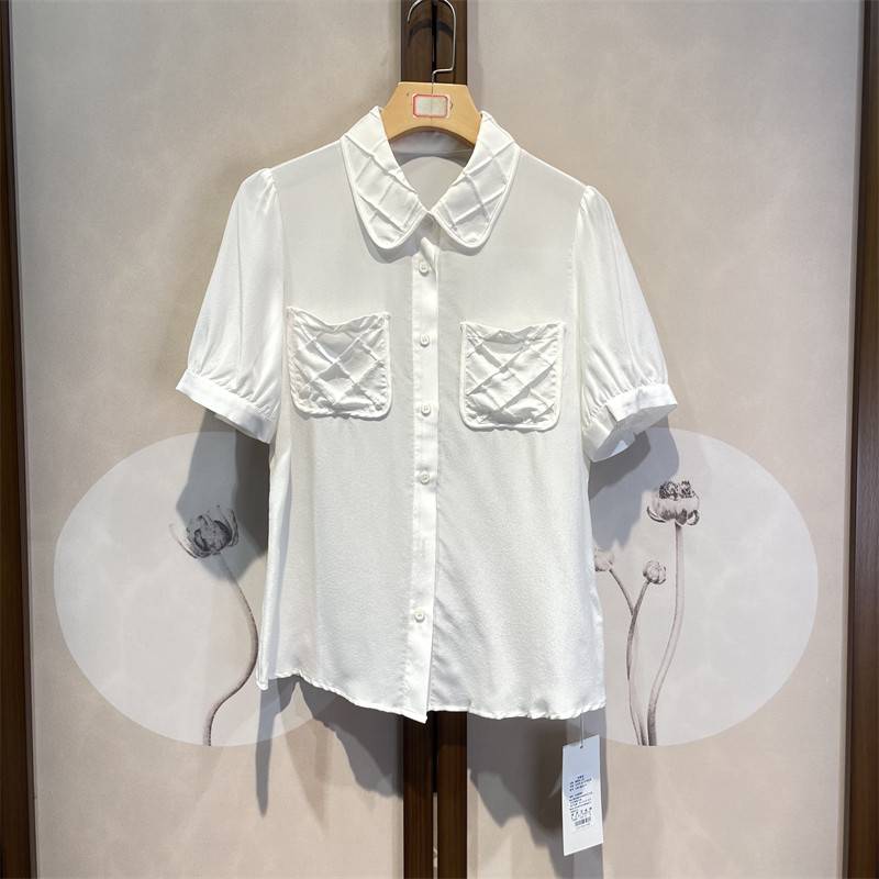 新款真丝简约设计感娃娃领短袖纯色百搭通勤气质夏季上衣27-2-1