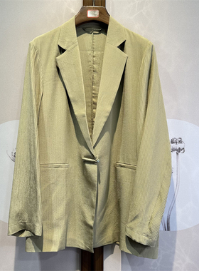 真丝竖纹绉纯色百搭西装领长袖一粒扣式桑蚕丝时尚气质上衣27-2-2