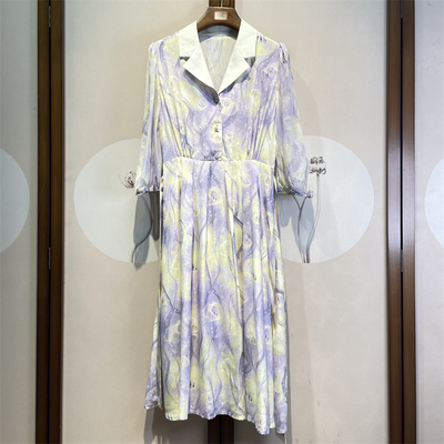 真丝连衣裙双绉花色西装领气质七分袖系带桑蚕丝长裙5-3-4