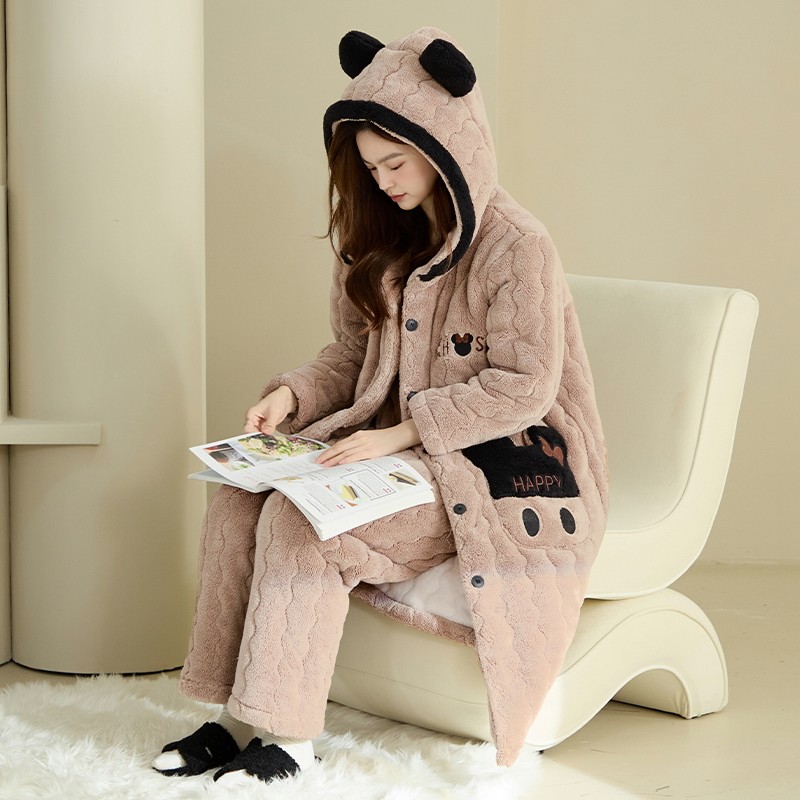 女士加厚开衫连帽夹棉睡衣三层保暖棉袄冬季棉服套装中长款家居服