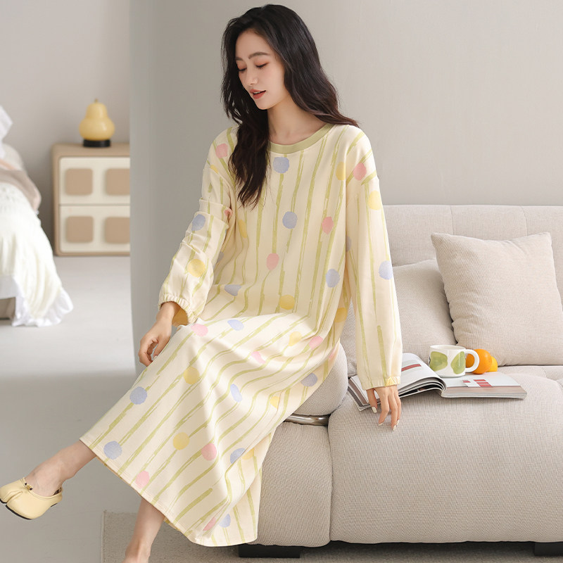 春秋季纯棉质圆领套头长裙女款纯棉质睡裙高个子170-175CM睡衣裙