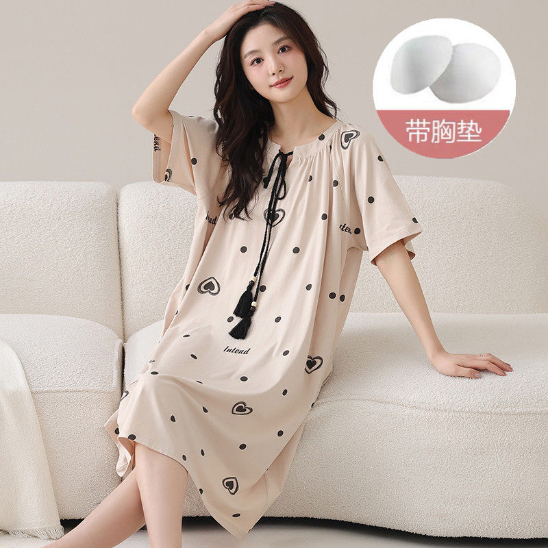 可外穿短袖睡裙夏季全棉质带海绵胸垫免穿内衣睡衣中长款裙子女士