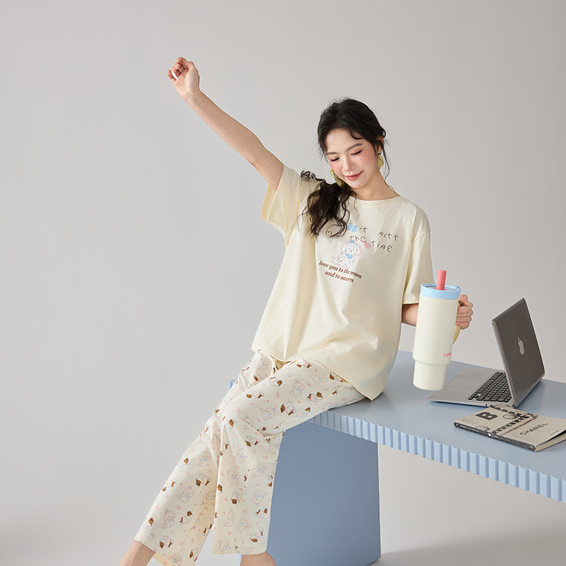 女士夏季全棉短袖长裤家居服套装