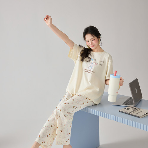 女士夏季全棉短袖长裤家居服套装