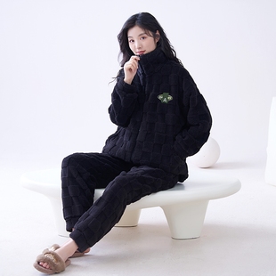 加长版高个子冬天珊瑚绒高领加厚保暖睡衣长袖长裤家居服套装女款