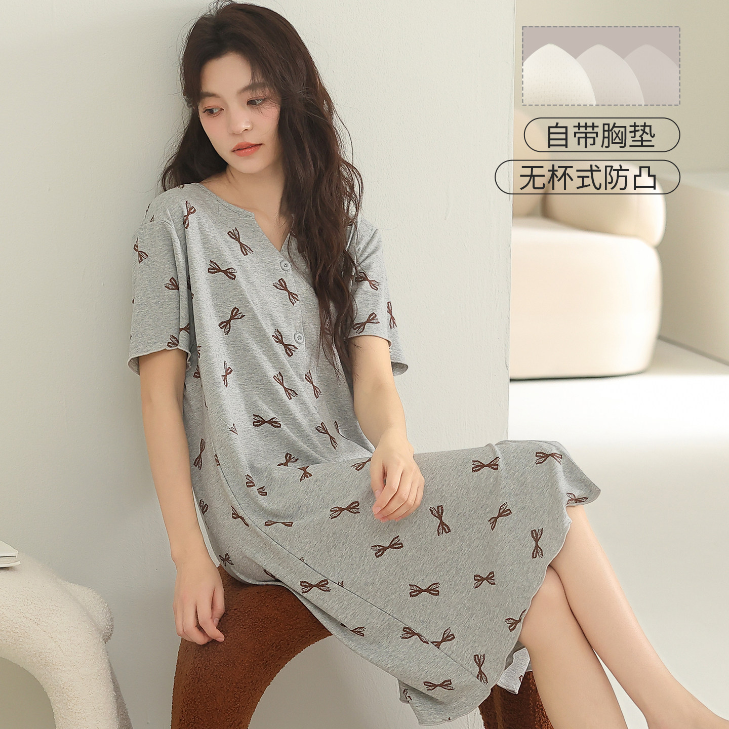 韩版休闲自带固定海绵胸垫开衫短袖睡裙夏天女生纯棉质睡衣中长款