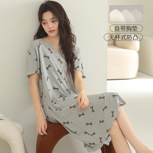 韩版休闲自带固定海绵胸垫开衫短袖睡裙夏天女生纯棉质睡衣中长款