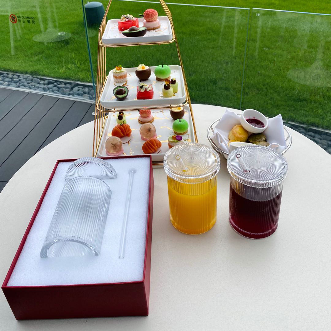 网红同款杯子水晶杯带吸管轻奢透明条纹带盖玻璃饮料杯喝水杯子