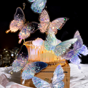 月夜螺辉PET镭射烫金手账贴纸蝴蝶花朵盐系咕卡手帐拼贴装 饰贴画