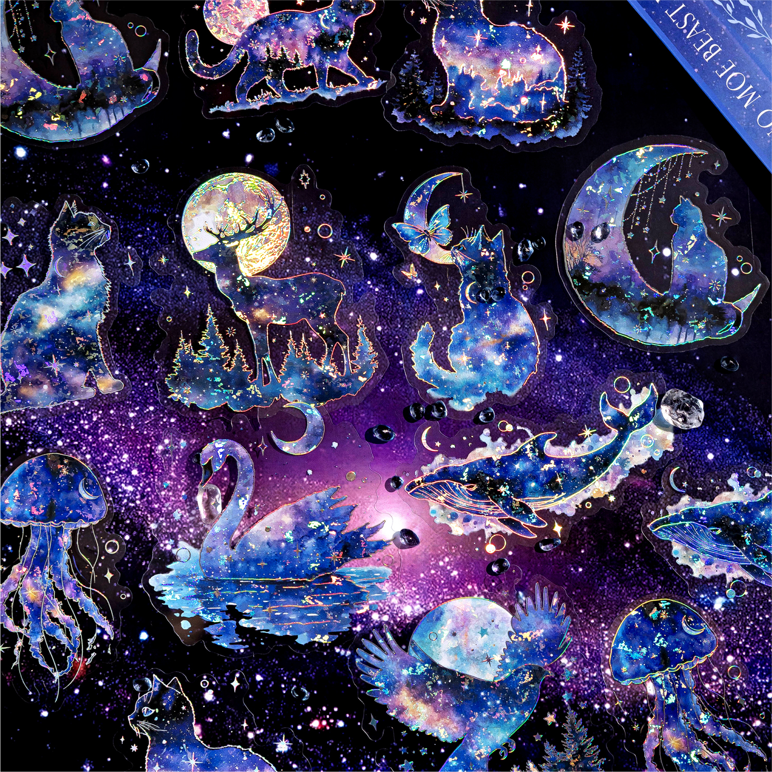 星空秘域PET立体镭射手账贴纸梦幻星空猫咪花朵手机手帐装饰贴画